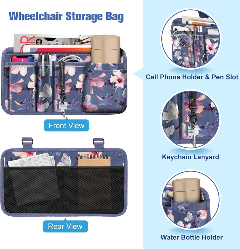 FINPAC Wheelchair Side Storage Bag w/Cup Holder, Wheelchair Armrest Accessories Pouch with Pen Slot and Reflective Strips for Power Walkers, Rollators, Seniors - Blooming Hibiscus - Image 2